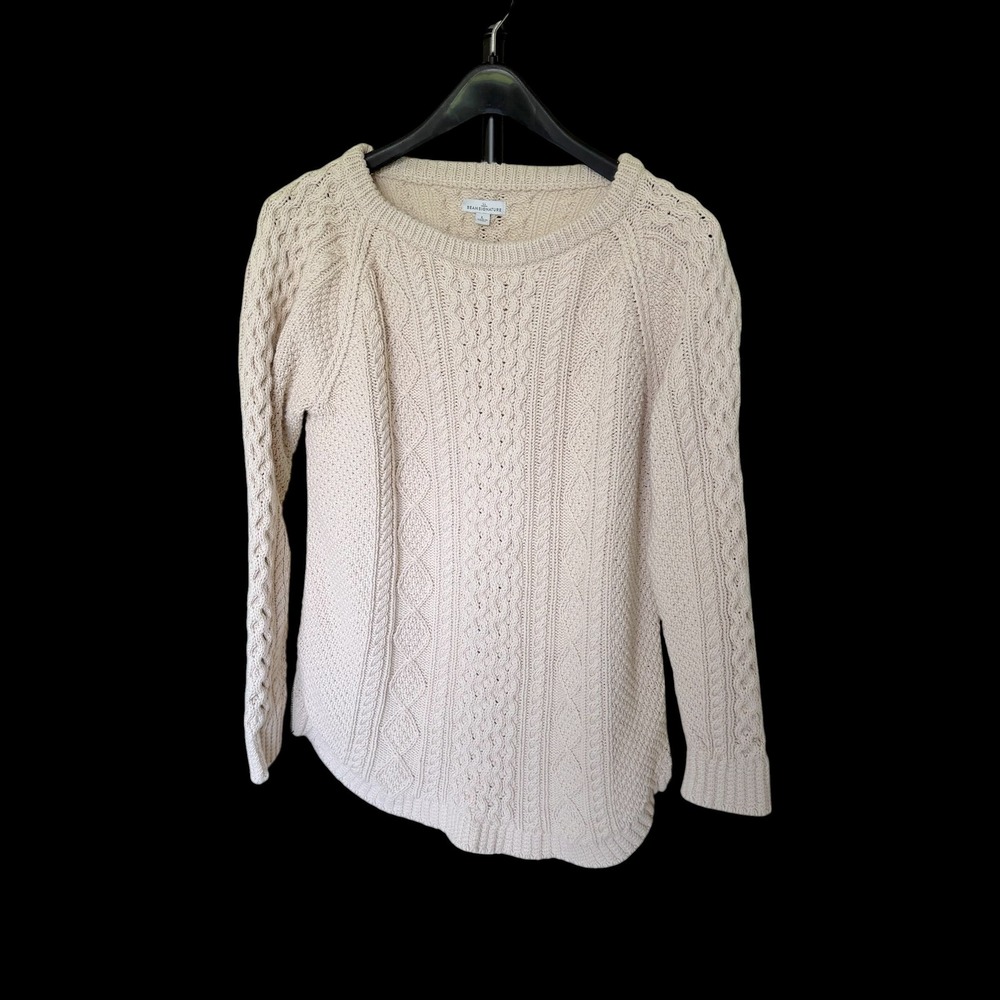 LL Bean Signature Women Large Cream Cable Knit Cotton‎ Sweater Side Zip 297470
